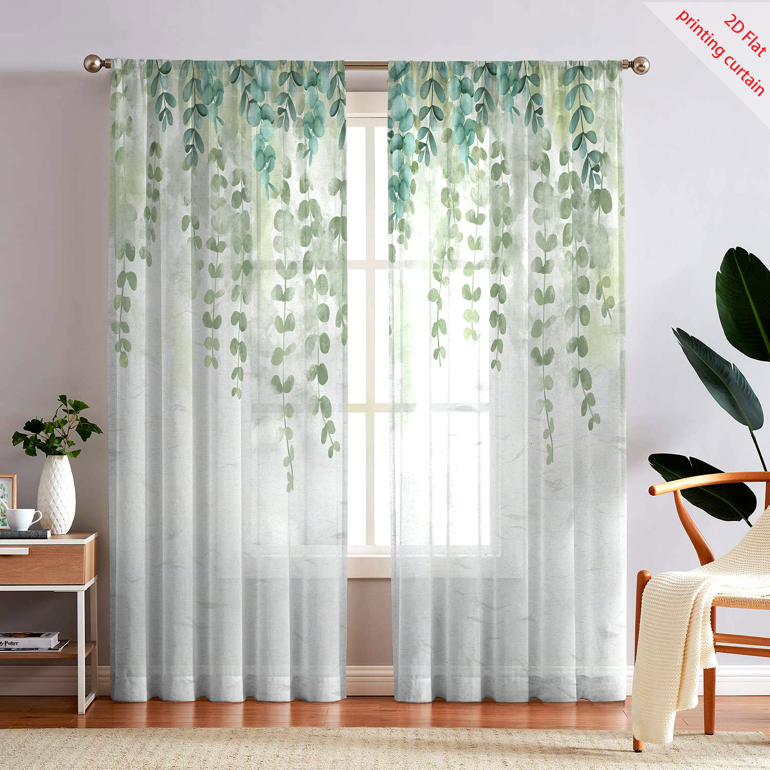Home Office With Plants - Przezroczysta zasłona z gazy z nadrukiem