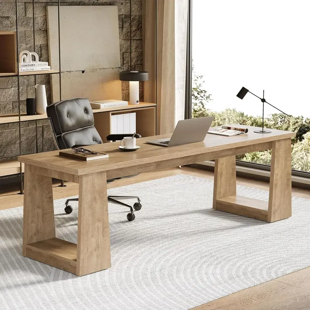 Home Office With Two Desks - Rustykalne brązowe biurko do domowego biura
